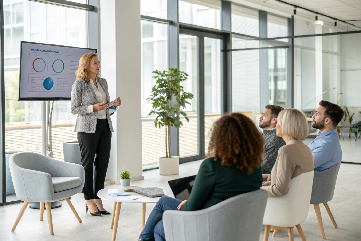 Consultora profesional trabajando con un equipo de adultos en una sesión de formación práctica.