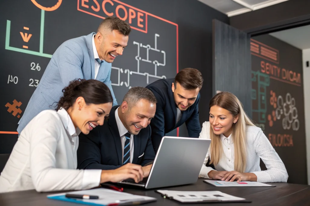 Equipo de adultos participando en una dinámica de resolución de retos y escape box empresarial.